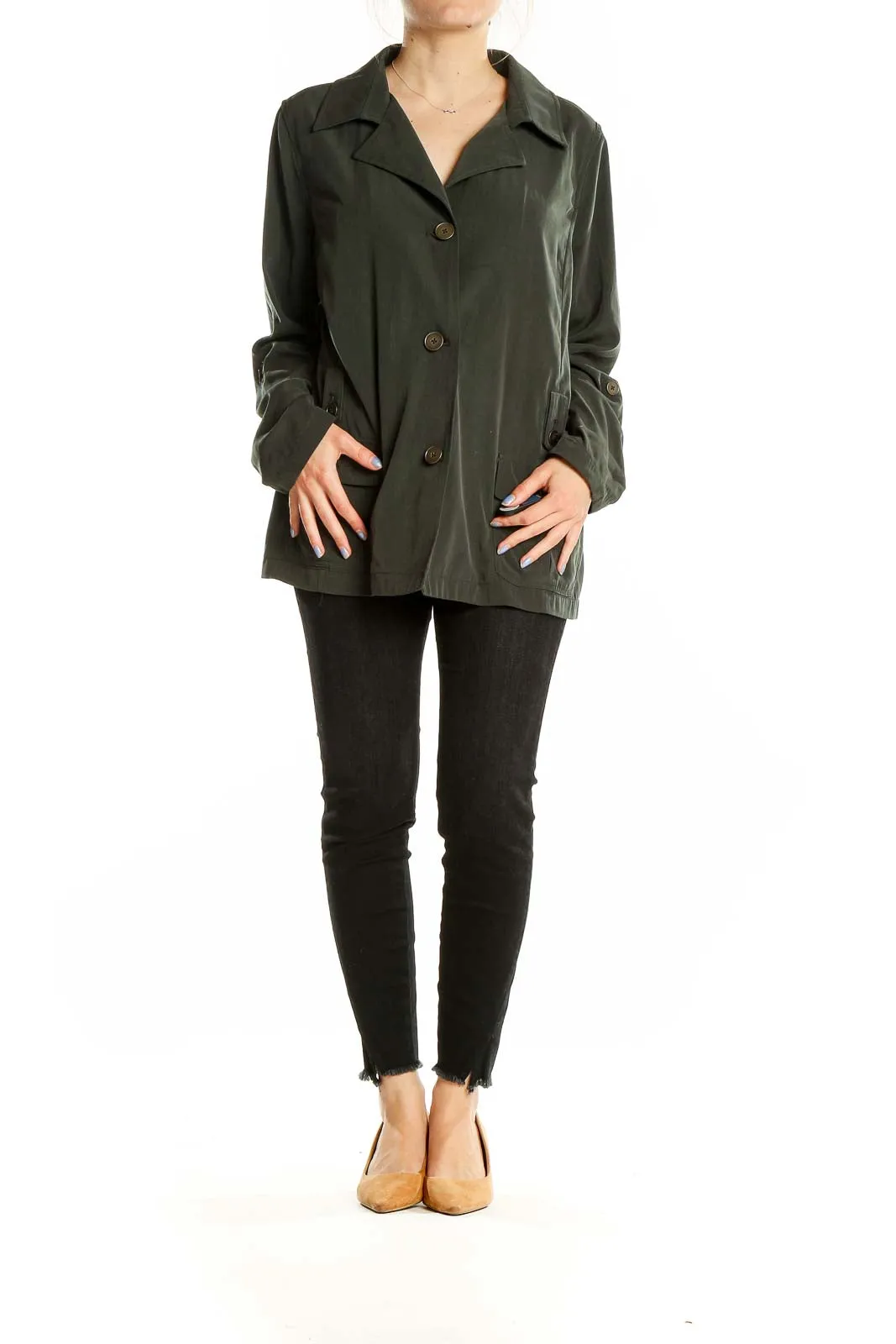 Dark Green Polyester Button-Up Jacket