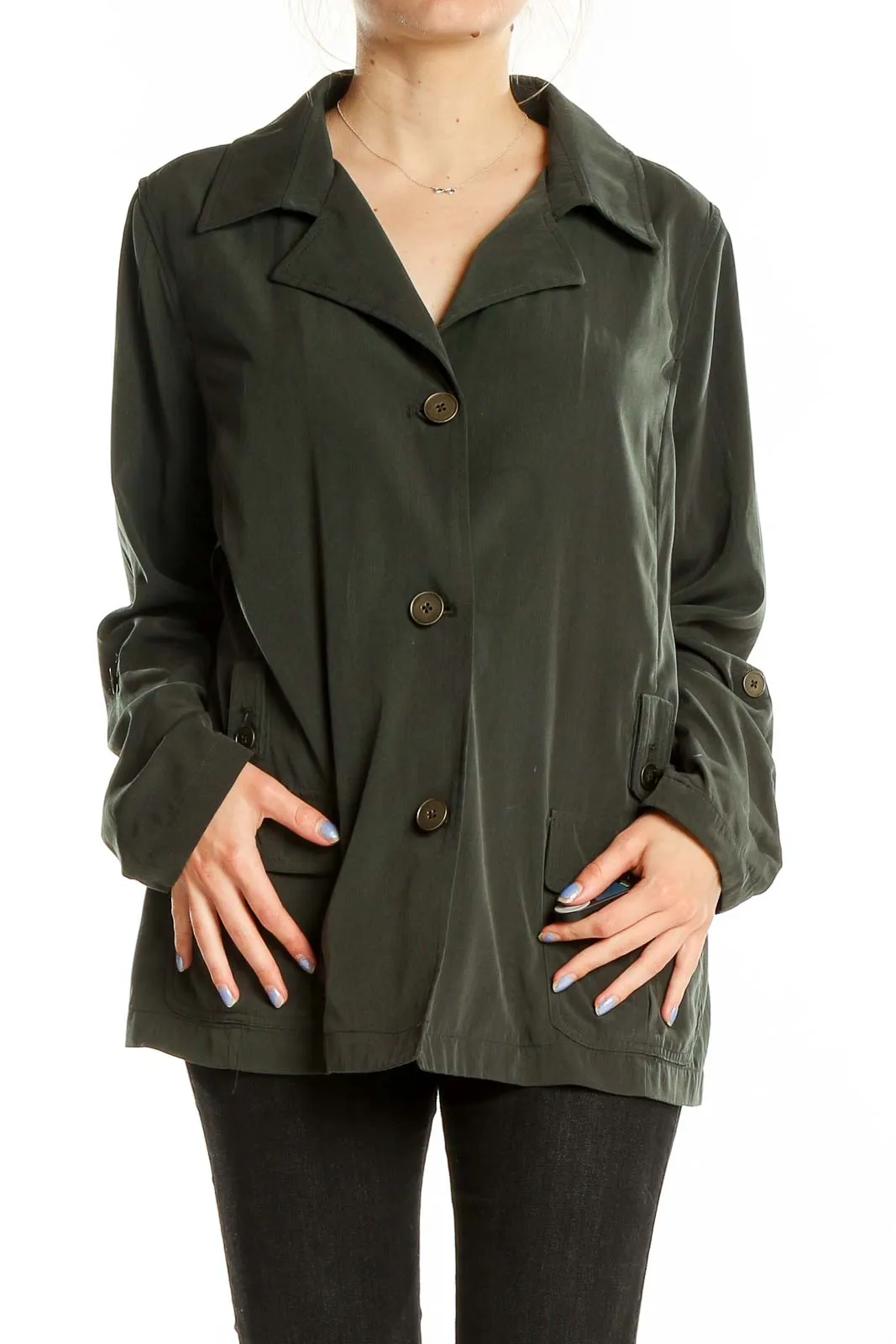 Dark Green Polyester Button-Up Jacket
