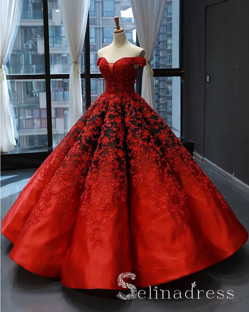 Real Picture Red Satin Off The Shoulder Appliqued Long Formal Prom Dress Ball Gown SED070